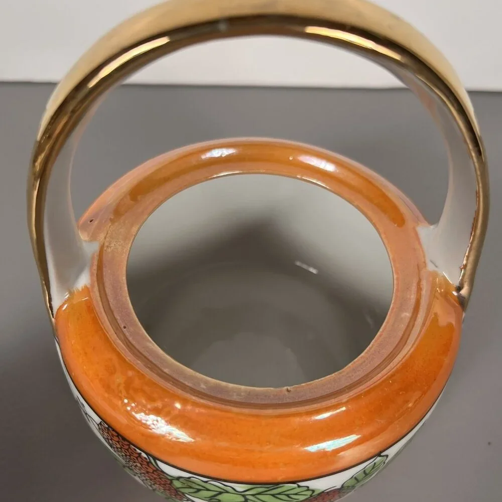VTG Orange Hand Painted Peach‎ Lusterware Jam/Jelly Jar Strawberry Design Japan